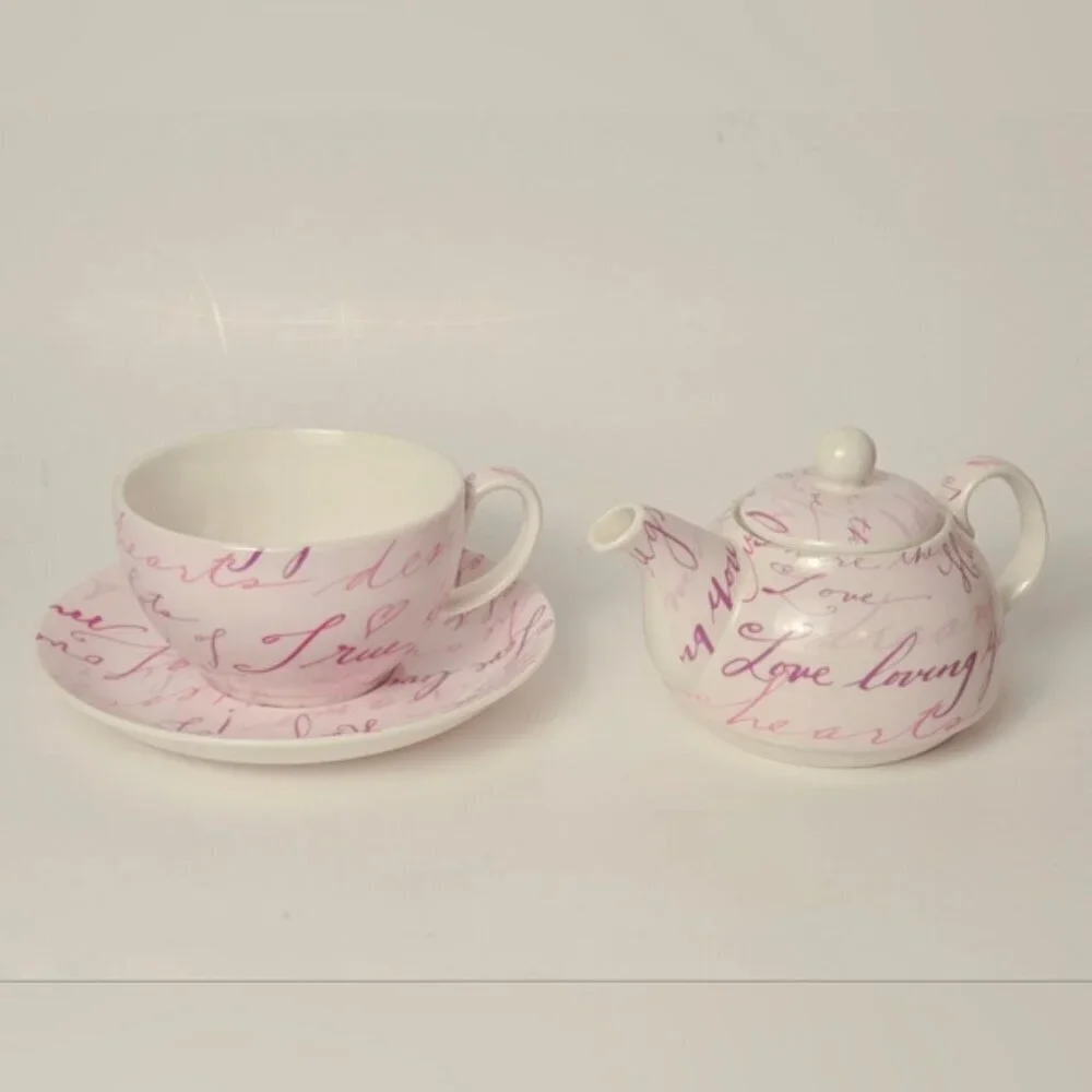 Tea For One Teapot Cup Saucer Set Pink Script Romantic Gift Set